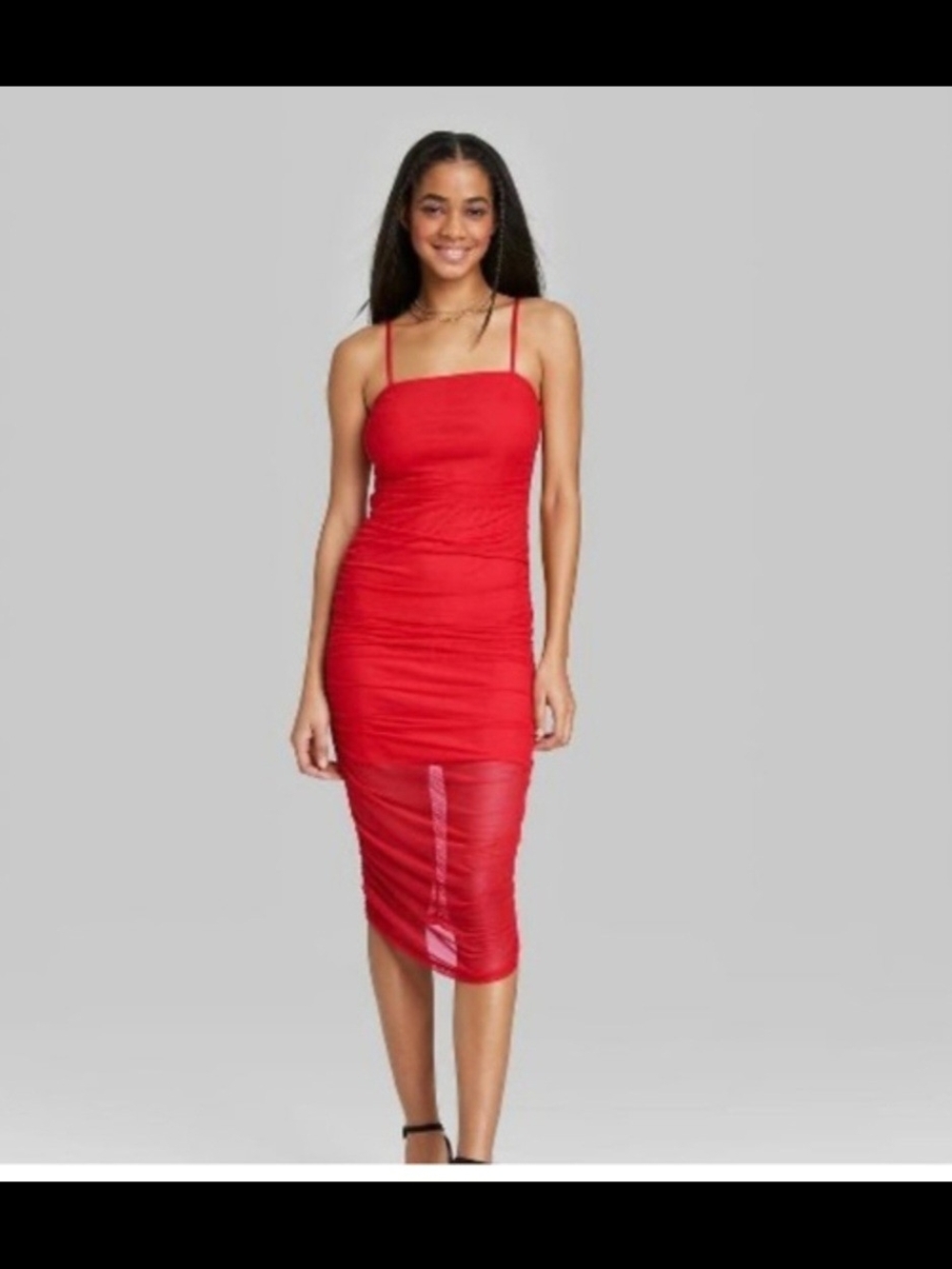wild fable Red Ruched Sheer Midi Dress